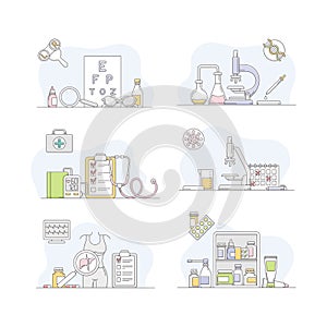 Pharmacy, science and medical care signs set. Optometry, therapeutic cure, chemical lab research linear vector