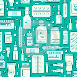 Pharmacy seamless pattern. Pills, drugs, bottles on blue background. Drugstore and medicine illustration.