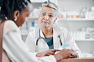 Pharmacy, senior woman help client and prescription for healthcare, diagnosis and cure for illness and disease. Medical