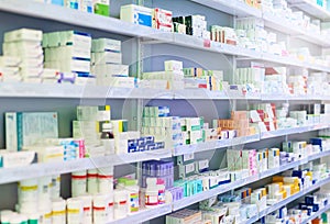 Pharmacy, shelf and boxes for product, empty or pharmaceutical stock for wellness, health and interior. Shop, store and