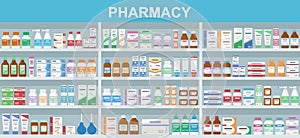 Pharmacy shelves with medicines. Concept of pharmaceutics and medication.