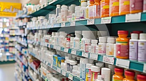 Pharmacy shelves neatly arranged with various medications