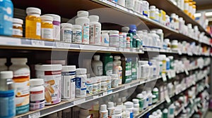 Pharmacy shelves neatly arranged with various medications