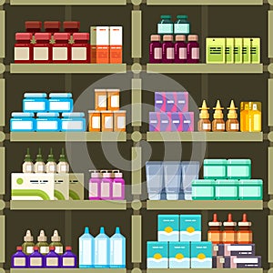 Pharmacy shelves with pills and drugs medicine boxes vector seamless pattern