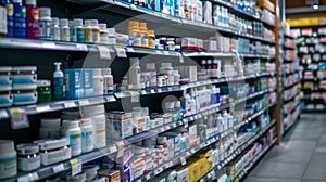 Pharmacy Shelves Stocked with Various Medication Bottles photo