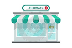 Pharmacy shop building vector isolated or small medical pharmacist storefront store facade window flat cartoon illustration,