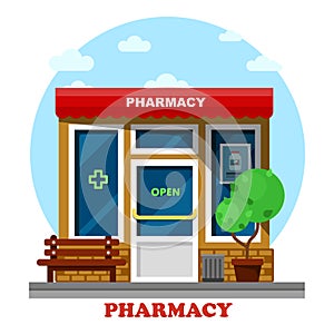 Pharmacy shop or store, drugstore building photo