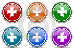 Pharmacy silver metallic glossy icons, set of modern design buttons for web, internet and mobile applications in 6 colors options