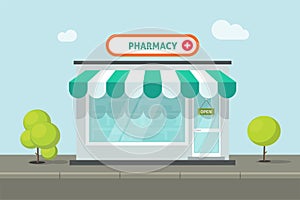 Pharmacy store building vector or small medical pharmacist storefront shop facade window on street road flat cartoon illustration