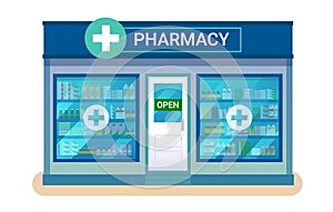 Pharmacy store building with vitrine and open sign photo