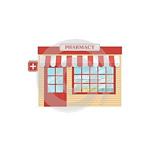 Pharmacy store front. Vector illustration. Drugstore, storefront