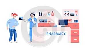 Pharmacy store with pharmacist or apothecary cartoon vector illustration.