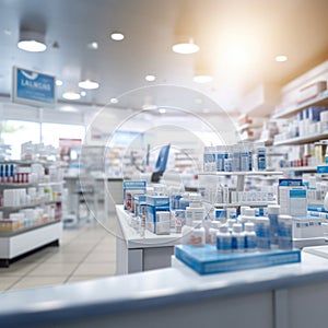 A pharmacy store. Pharmacist and medicine concept. Blurred background