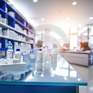A pharmacy store. Pharmacist and medicine concept. Blurred background