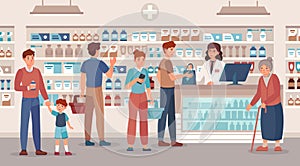 Pharmacy store. Pharmacist sells various medications people, medical consultation and buying medication in drugstore vector
