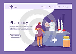 Pharmacy store vector illustration website banner, buyer and pharmacist with drugs.