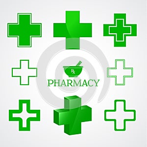 Pharmacy symbols in green color on white