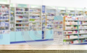 Pharmacy table background. Blur counters of pharmacy with medicines, tablets and pills.