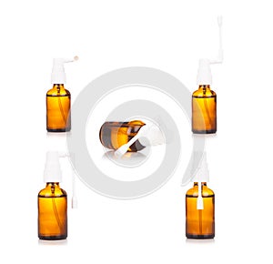 Pharmacy. Throat spray medication in glass bottle isolated on white background,Brown medical spray bottle.