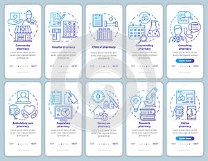 Pharmacy types and services onboarding mobile app page screen vector template. Hospital pharmacology. Walkthrough