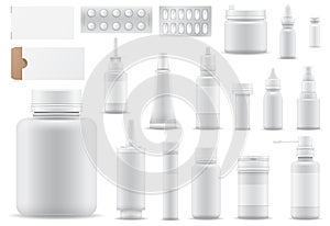 Pharmacy vector medicine drugs or pills in container or mockup bottle illustration medication or pharmaceutics set of