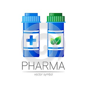 Pharmacy vector symbol with 2 blue pill bottles and green leaf, cross for pharmacist, pharma store, doctor and medicine