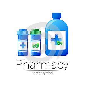 Pharmacy vector symbol with 3 blue pill bottles and cross, leaf capsule tablet for pharmacist, pharma , doctor and