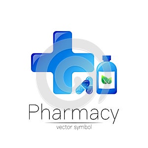 Pharmacy vector symbol with blue bottle and cross in circle, green leaf, for pharmacist, pharma store, doctor and