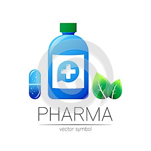 Pharmacy vector symbol with blue bottle and cross in circle, green leaf, for pharmacist, pharma store, doctor and