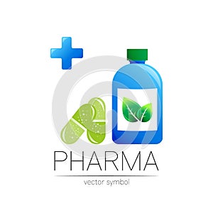 Pharmacy vector symbol with blue bottle and cross in circle, green leaf, for pharmacist, pharma store, doctor and