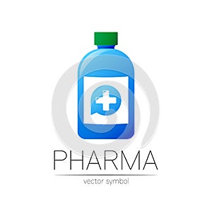 Pharmacy vector symbol with blue bottle and cross in circle for pharmacist, pharma store, doctor and medicine. Modern