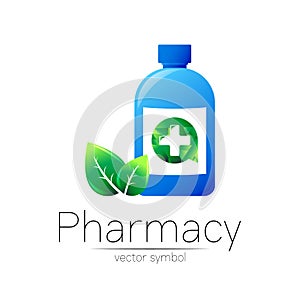 Pharmacy vector symbol with blue bottle and cross in green circle with leaf for pharmacist, pharma store, doctor and