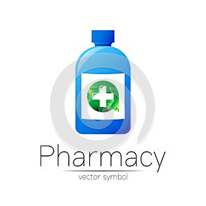 Pharmacy vector symbol with blue bottle and cross in green circle for pharmacist, pharma store, doctor and medicine