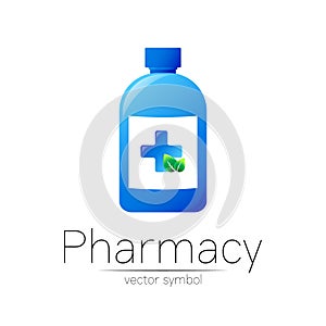 Pharmacy vector symbol with blue bottle and cross, green leaf for pharmacist, pharma store, doctor and medicine. Modern