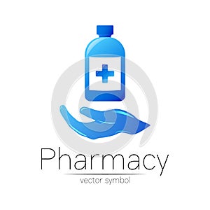 Pharmacy vector symbol with blue bottle and cross with hand for pharmacist, pharma store, doctor and medicine. Modern