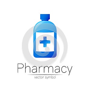 Pharmacy vector symbol with blue bottle and cross for pharmacist, pharma store, doctor and medicine. Modern design