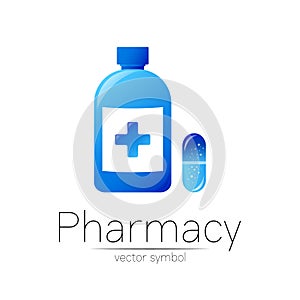 Pharmacy vector symbol with blue bottle and cross, pill capsule for pharmacist, pharma store, doctor and medicine