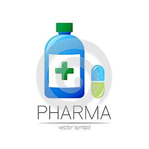 Pharmacy vector symbol with blue bottle and cross, pill capsule for pharmacist, pharma store, doctor and medicine