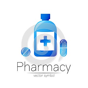 Pharmacy vector symbol of blue bottle with cross and pill tablet capsule for pharmacist, pharma store, doctor and