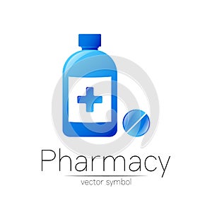 Pharmacy vector symbol of blue bottle with cross and pill tablet for pharmacist, pharma store, doctor and medicine