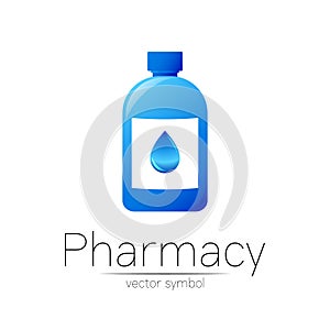 Pharmacy vector symbol with blue bottle and drop for pharmacist, pharma store, doctor and medicine. Modern design vector