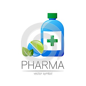 Pharmacy vector symbol of blue bottle with green cross and pill tablet with leaf for pharmacist, pharma store, doctor