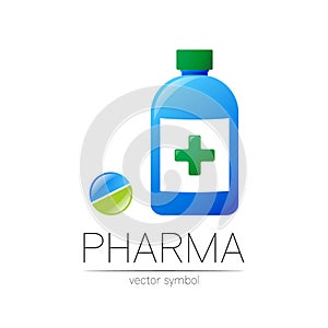 Pharmacy vector symbol of blue bottle with green cross and pill tablet for pharmacist, pharma store, doctor and medicine