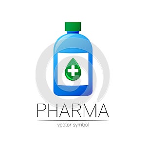 Pharmacy vector symbol with blue bottle and green drop with cross for pharmacist, pharma store, doctor and medicine