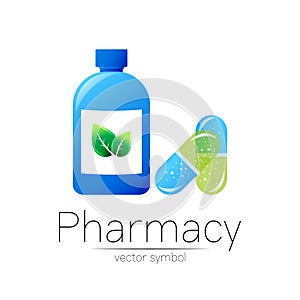 Pharmacy vector symbol with blue bottle and green leaf, pill capsule for pharmacist, pharma store, doctor and medicine