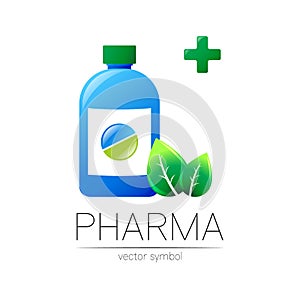 Pharmacy vector symbol with blue bottle and green pill tablet, leaf, cross for pharmacist, pharma store, doctor and