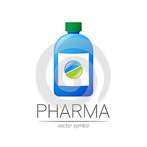 Pharmacy vector symbol with blue bottle and green pill tablet for pharmacist, pharma store, doctor and medicine. Modern