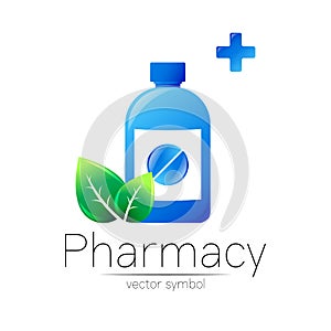 Pharmacy vector symbol with blue bottle and pill tablet, cross and green leaf for pharmacist, pharma store, doctor and