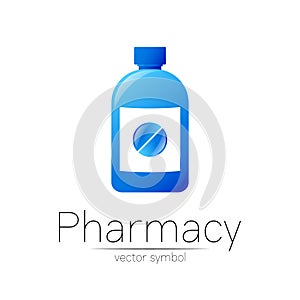 Pharmacy vector symbol with blue bottle and pill tablet for pharmacist, pharma store, doctor and medicine. Modern design