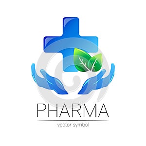 Pharmacy vector symbol with blue cross for pharmacist, pharma store, doctor and medicine. Modern design vector logo on